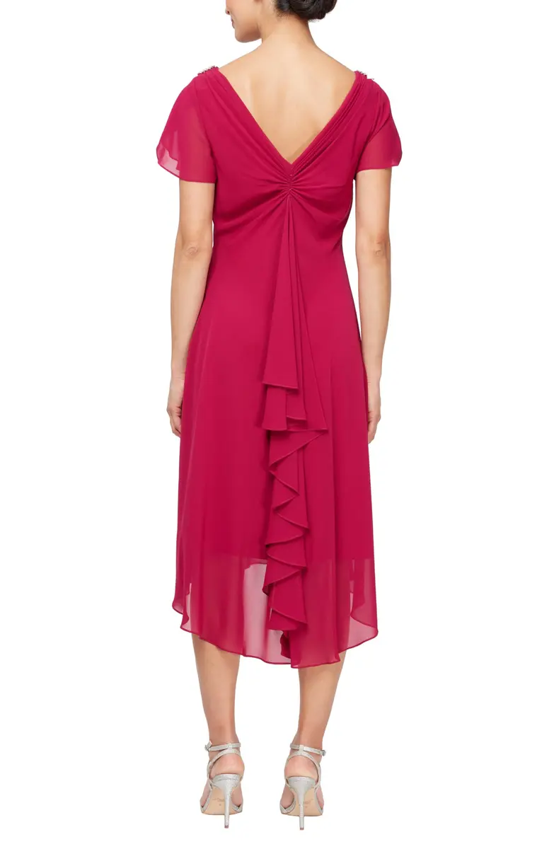 S.L. Fashions Women's Midi Cowl Neck Dress with Flutter Sleeve and Embellishment at Shoulder, Raspberry, 8 | Elegant, Lightweight Chiffon - view 2