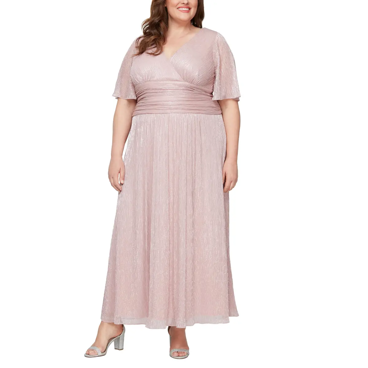 S.L. Fashions Women's Plus Size Long Mother of the Bride Dress with Ruched Waist, Faded Rose, 16W | Elegant Evening Gown with Flutter Sleeves - main product image