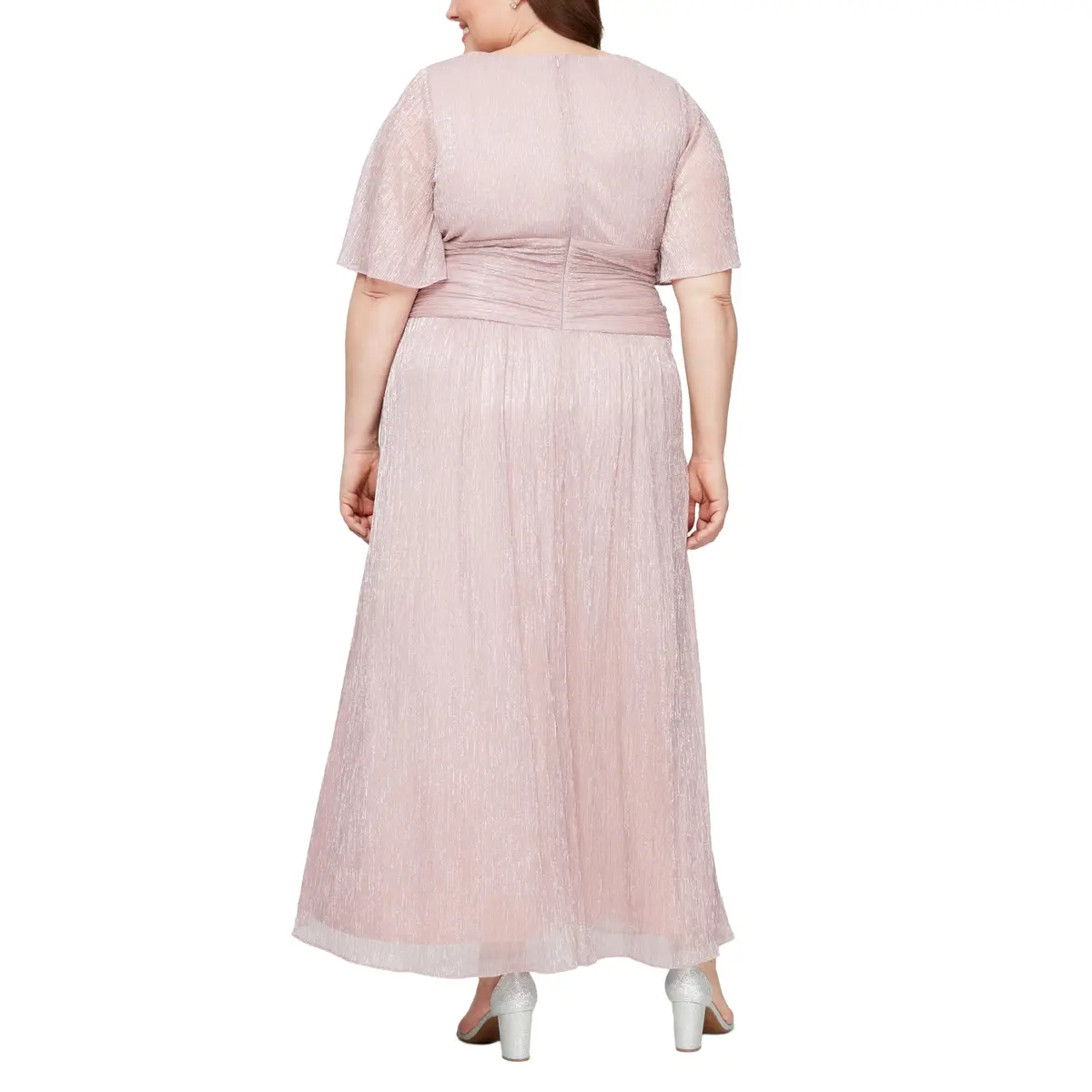 S.L. Fashions Women's Plus Size Long Mother of the Bride Dress with Ruched Waist, Faded Rose, 16W | Elegant Evening Gown with Flutter Sleeves - view 2