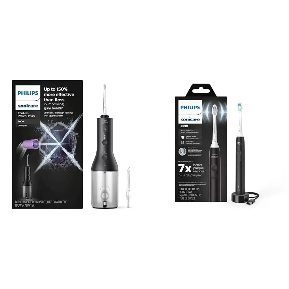 Philips Sonicare Cordless Power Flosser 3000 & 4100 Power Toothbrush Combo - Black | Healthier Gums & Cleaner Teeth - main product image