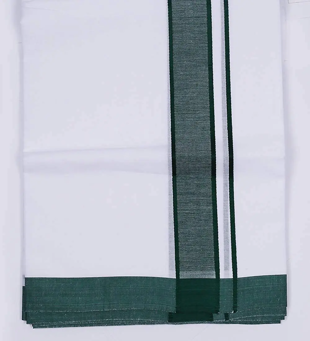 Kolakeer Men's Rich Cotton Dhoti with Canal Kara Border - 2.0 Mtrs/Single Layer South Indian Kerala Veshti Mundu (Dark Green) | Traditional Ethnic Wear - view 3