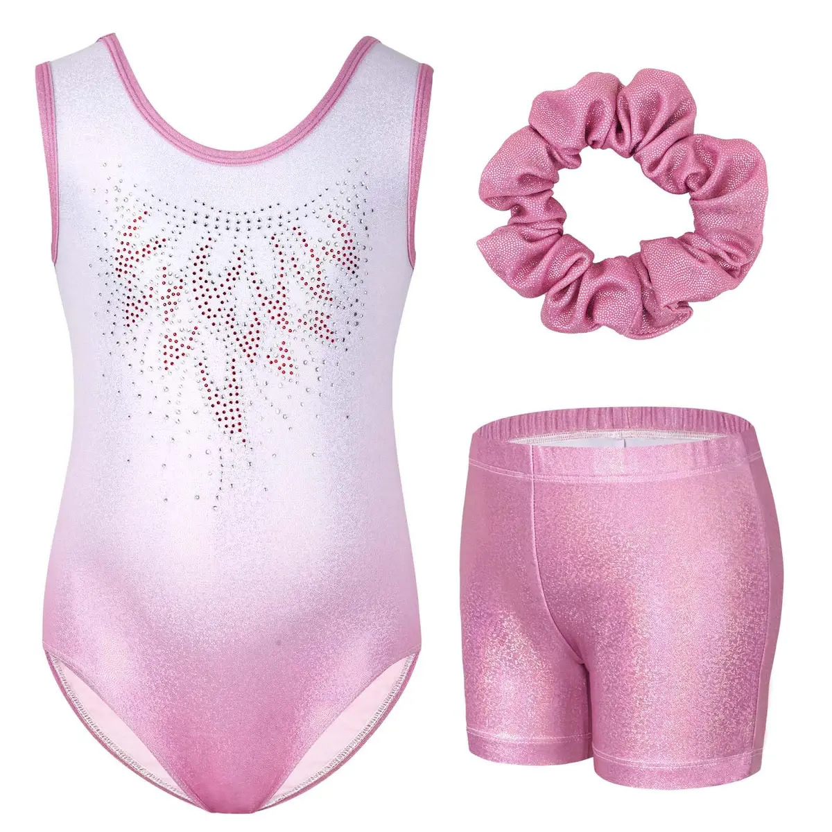 Gogokids Girls Sleeveless Sparkly Gymnastics Leotard Set with Shorts & Hairband, Pink Gradient (5-6 Years) - main product image