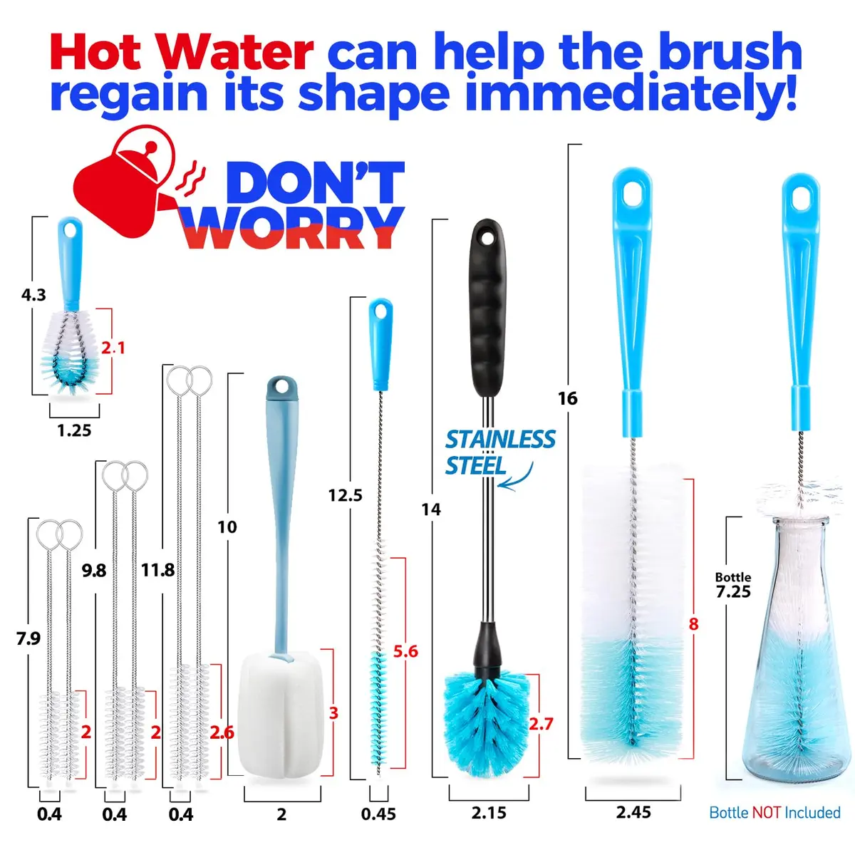 Holikme Bottle Brush Tube Cleaning Lab Set with Long Handle | 11 Pack, Long Handle for Narrow Bottles & Decanters - view 6