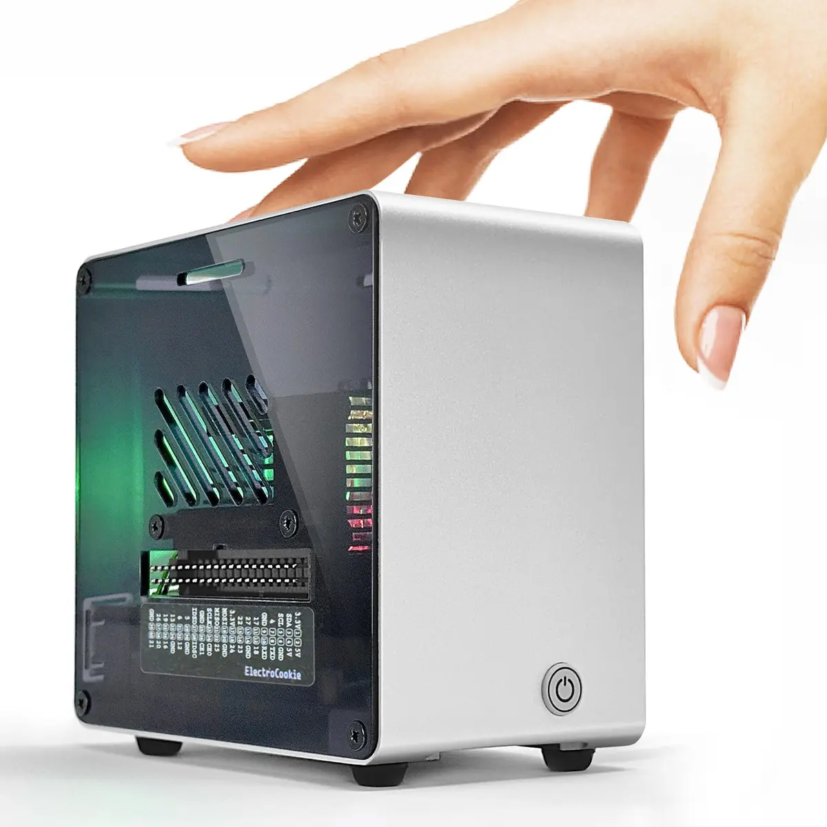 ElectroCookie Aluminum Mini Tower Case for Raspberry Pi 5 with RGB Fan & Ambient Light (Silver) | 11.99cm x 7.70cm x 12.30cm - main product image