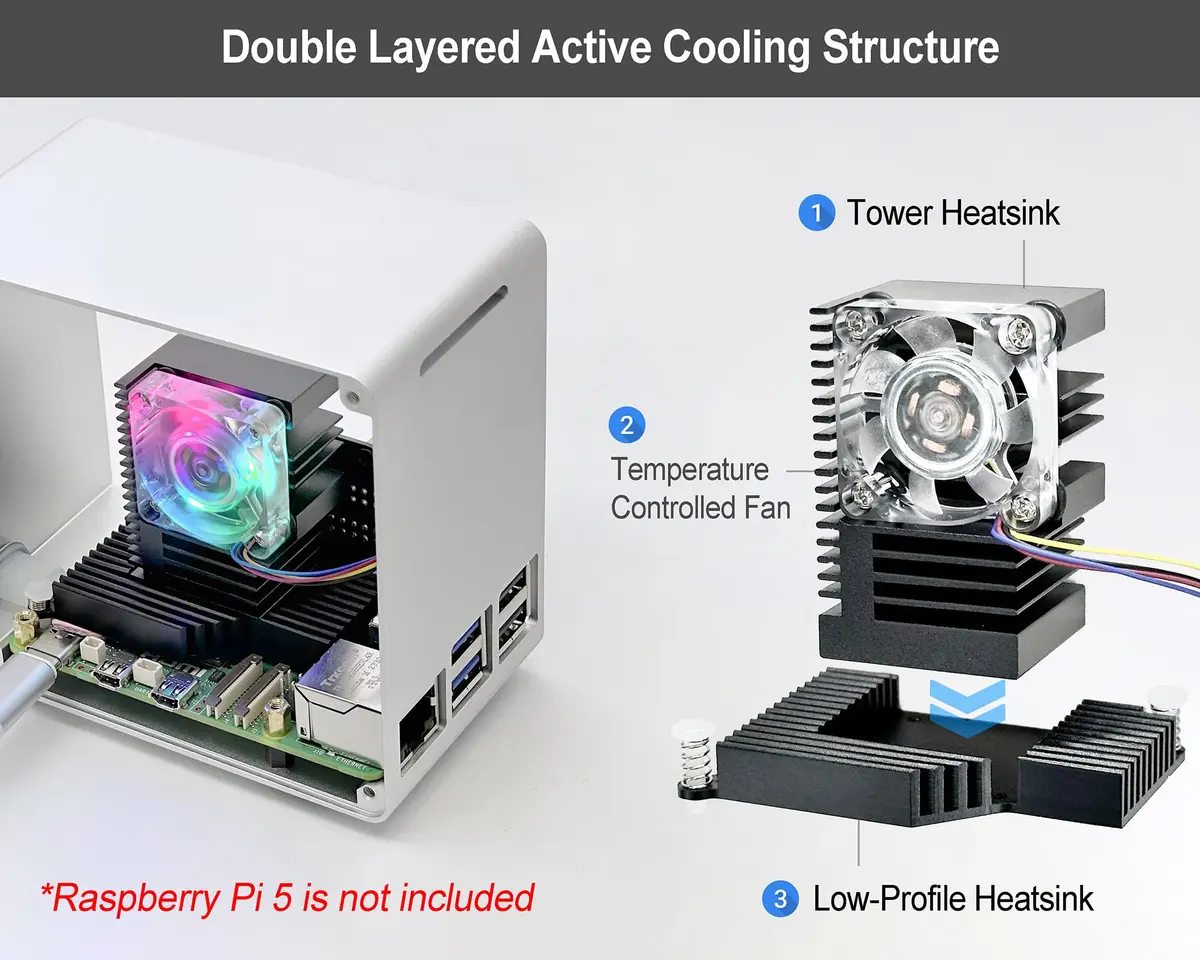 ElectroCookie Aluminum Mini Tower Case for Raspberry Pi 5 with RGB Fan & Ambient Light (Silver) | 11.99cm x 7.70cm x 12.30cm - view 2