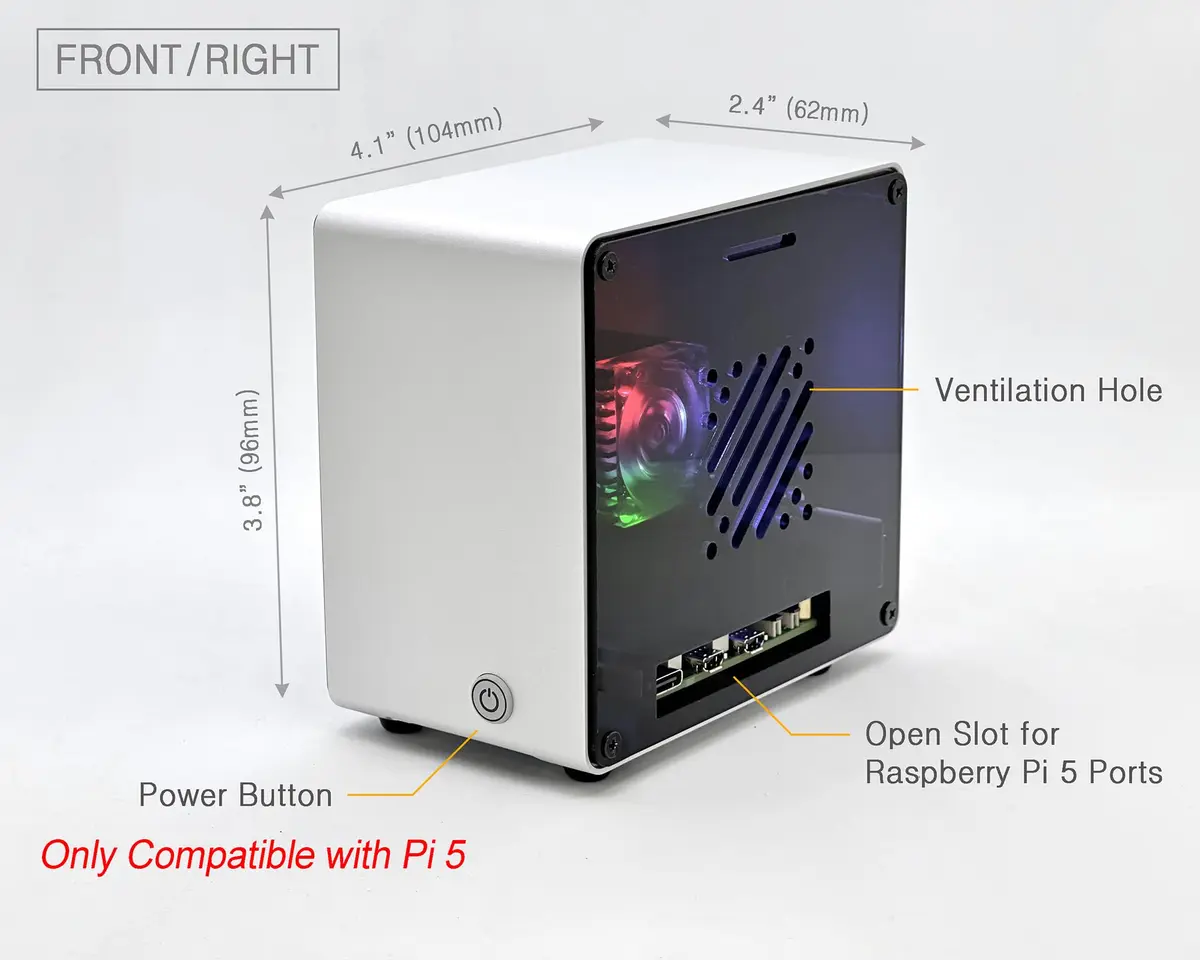 ElectroCookie Aluminum Mini Tower Case for Raspberry Pi 5 with RGB Fan & Ambient Light (Silver) | 11.99cm x 7.70cm x 12.30cm - view 3