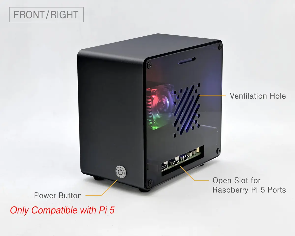 ElectroCookie Raspberry Pi 5 Case Aluminum Mini Tower with RGB Fan & Ambient Light (Black) - view 3