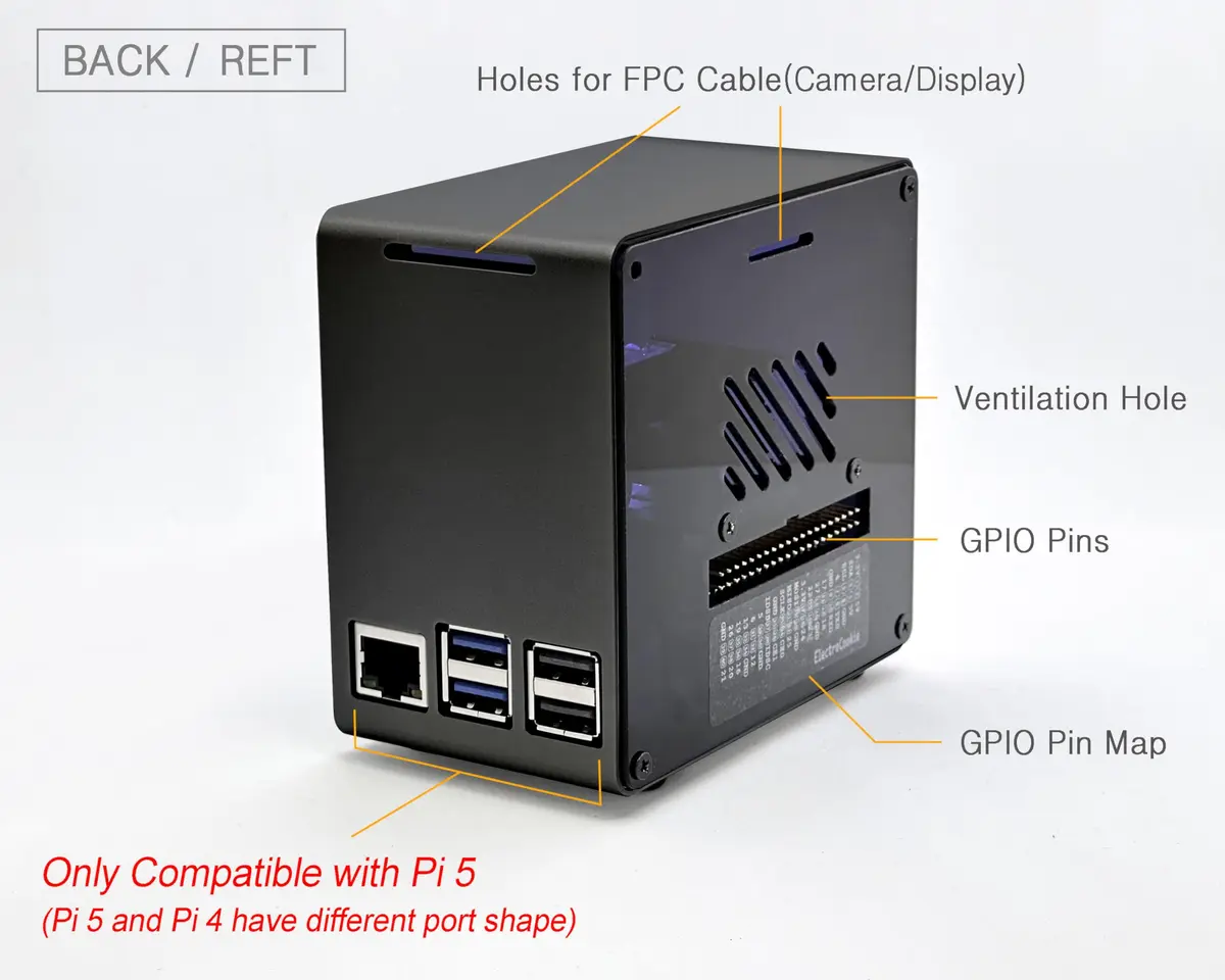 ElectroCookie Raspberry Pi 5 Case Aluminum Mini Tower with RGB Fan & Ambient Light (Black) - view 4