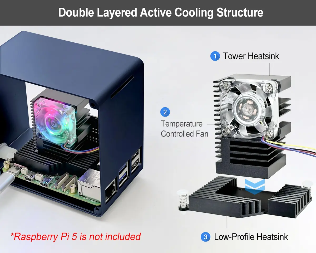 ElectroCookie Raspberry Pi 5 Case Aluminum Mini Tower with Fan & RGB Light (Blue, 0.28 kg) - view 2