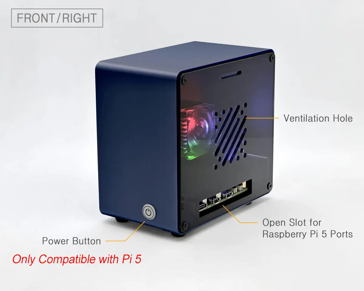ElectroCookie Raspberry Pi 5 Case Aluminum Mini Tower with Fan & RGB Light (Blue, 0.28 kg) - view 3