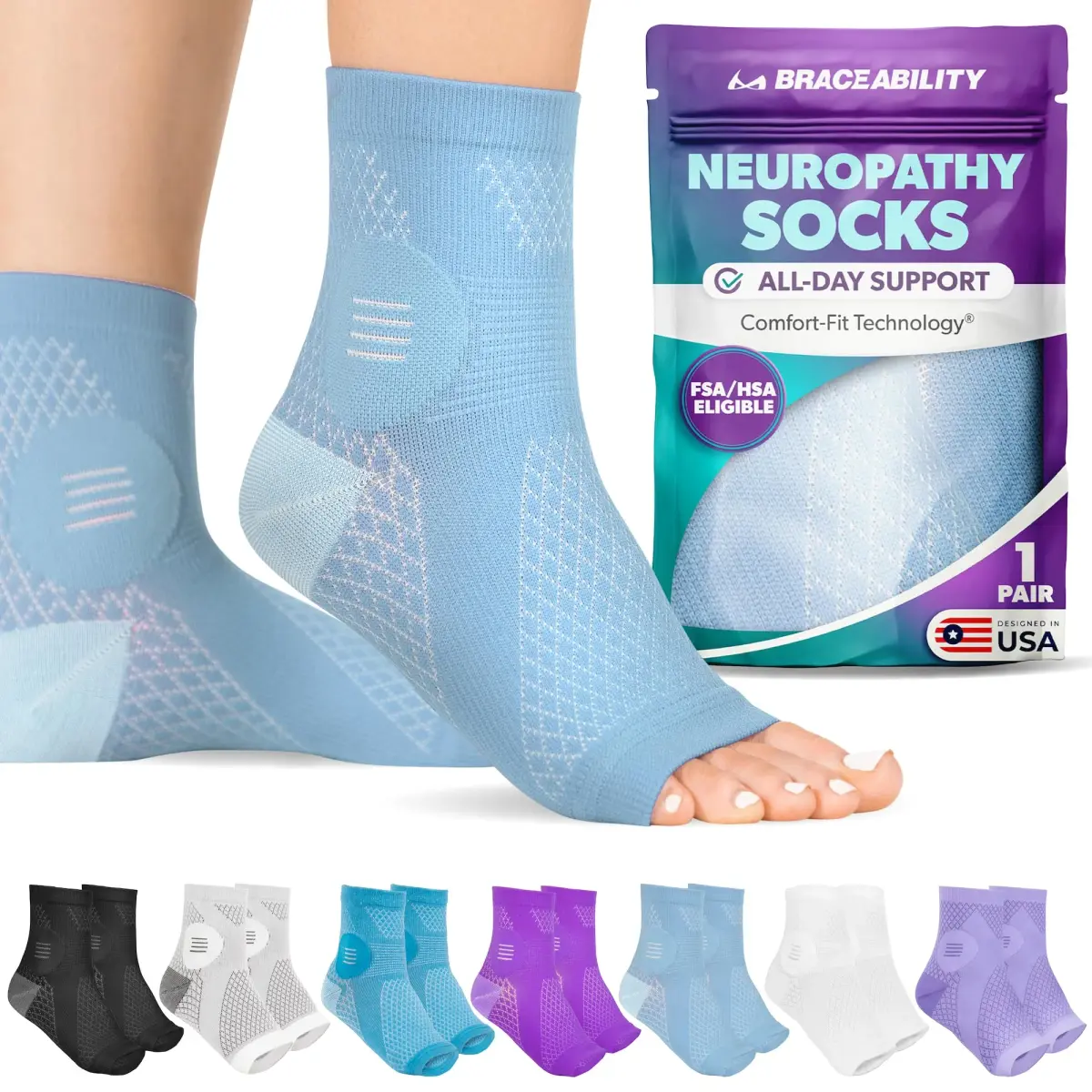 BraceAbility Neuropathy Socks (Pair) - Light Blue Medium | FDA Approved Diabetic Foot Sleeves for Nerve Pain Relief - main product image