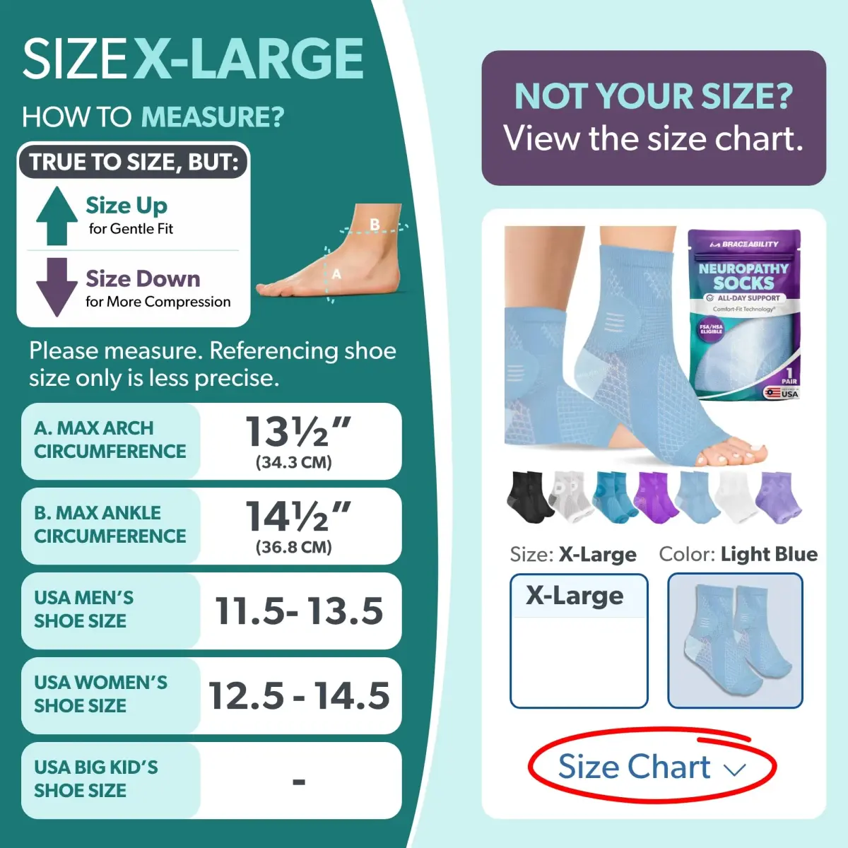 BraceAbility Neuropathy Socks - Large, Light Blue | Medical Compression for Nerve Pain Relief - view 2