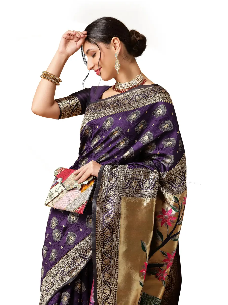 EthnicJunction Women's Paithani Silk Blend Saree With Blouse Piece, Purple, 5.5m (5.3 Meter) | Authentic Indian Weave - main product image