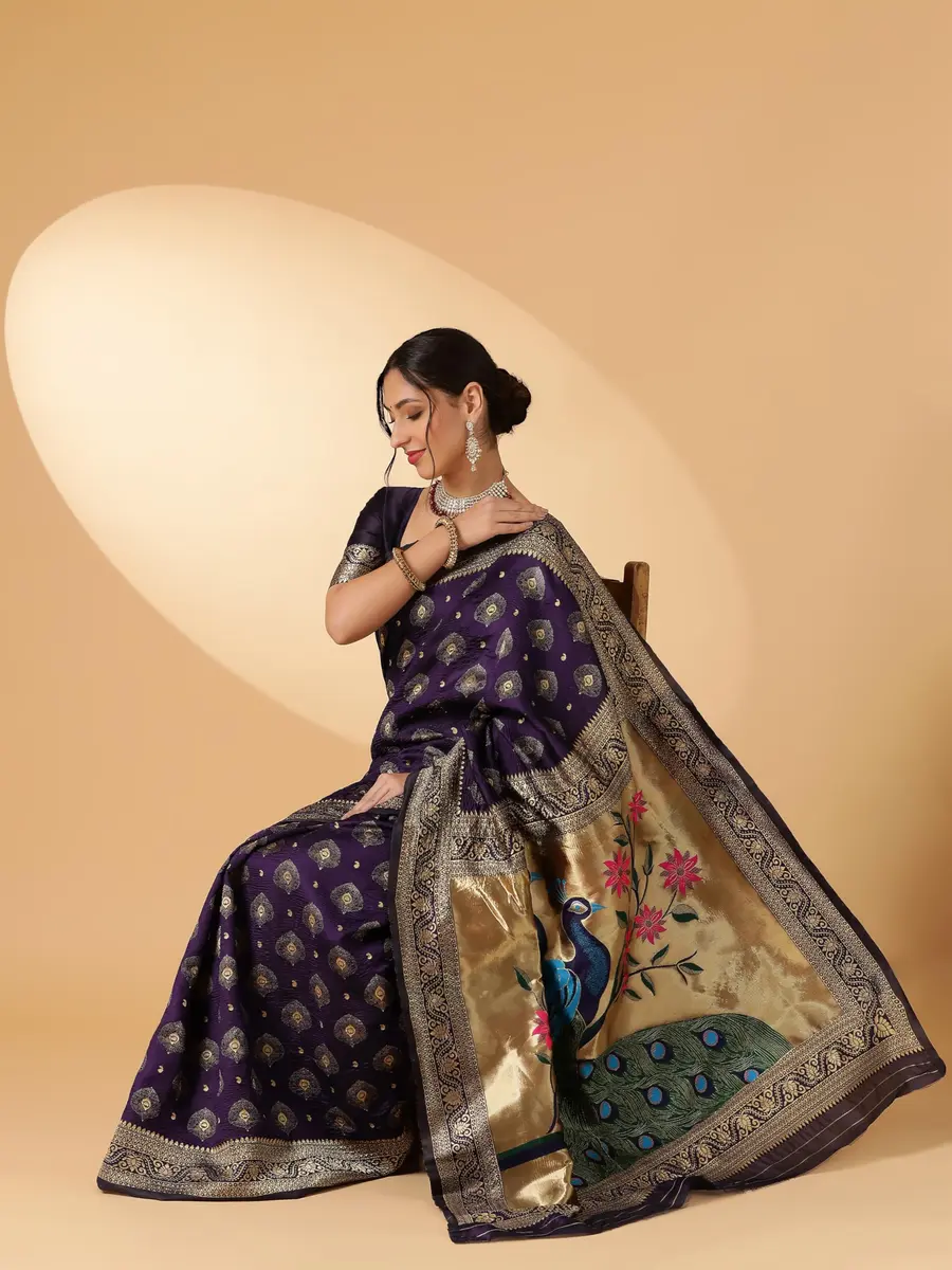 EthnicJunction Women's Paithani Silk Blend Saree With Blouse Piece, Purple, 5.5m (5.3 Meter) | Authentic Indian Weave - view 6