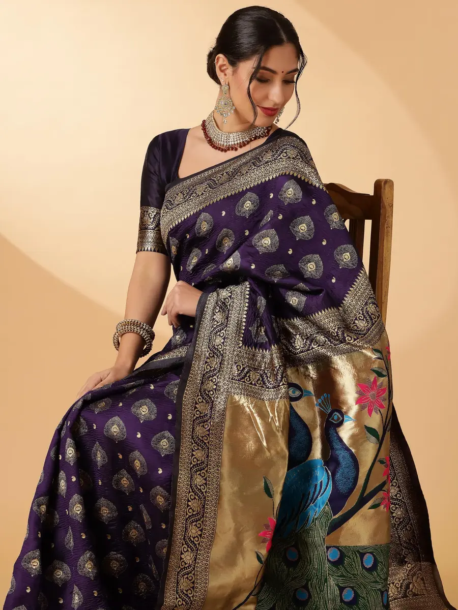 EthnicJunction Women's Paithani Silk Blend Saree With Blouse Piece, Purple, 5.5m (5.3 Meter) | Authentic Indian Weave - view 2