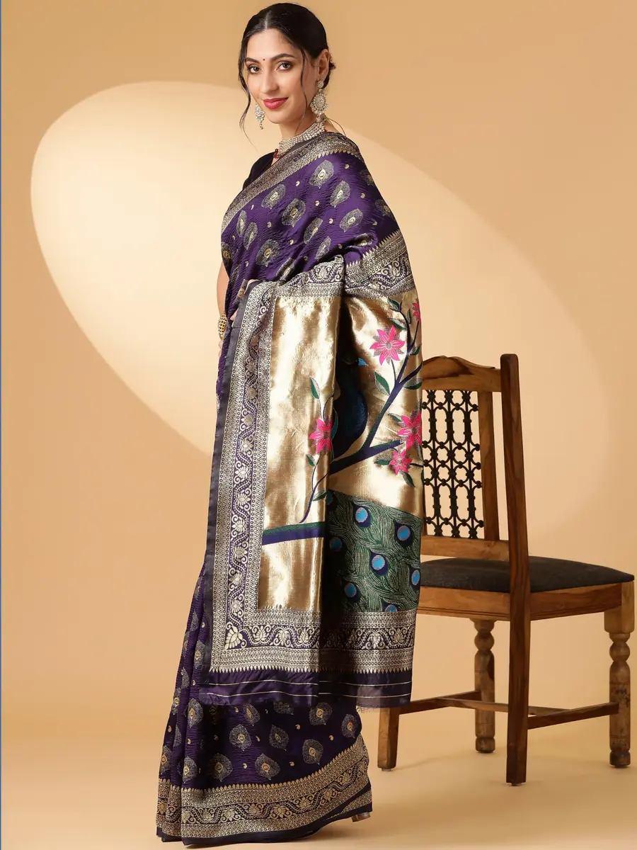 EthnicJunction Women's Paithani Silk Blend Saree With Blouse Piece, Purple, 5.5m (5.3 Meter) | Authentic Indian Weave - view 4