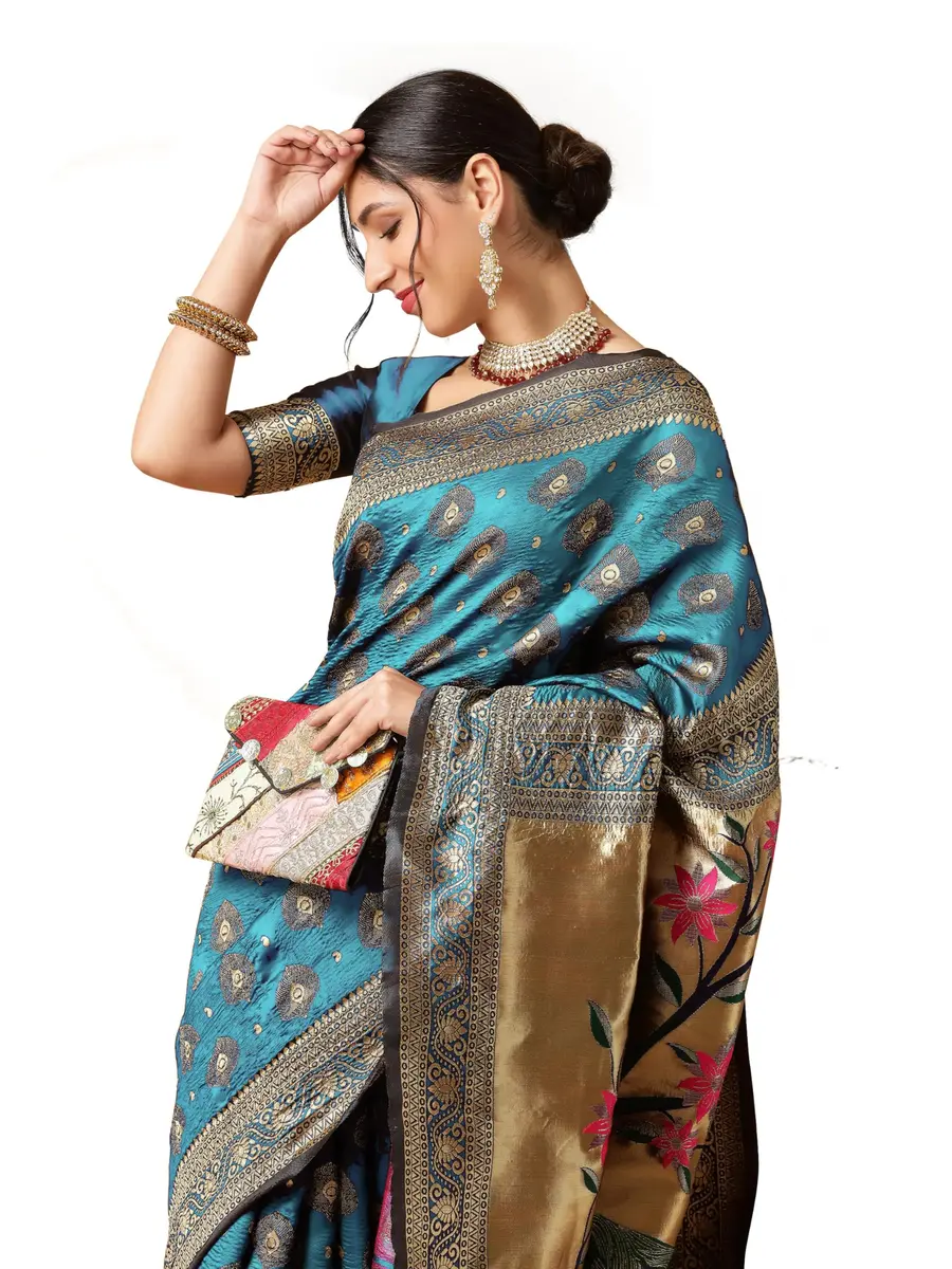 EthnicJunction Paithani Silk Blend Woven Saree With Blouse Piece, Sky Blue, 5.3m (5.8yd) | Authentic Indian Weave - main product image