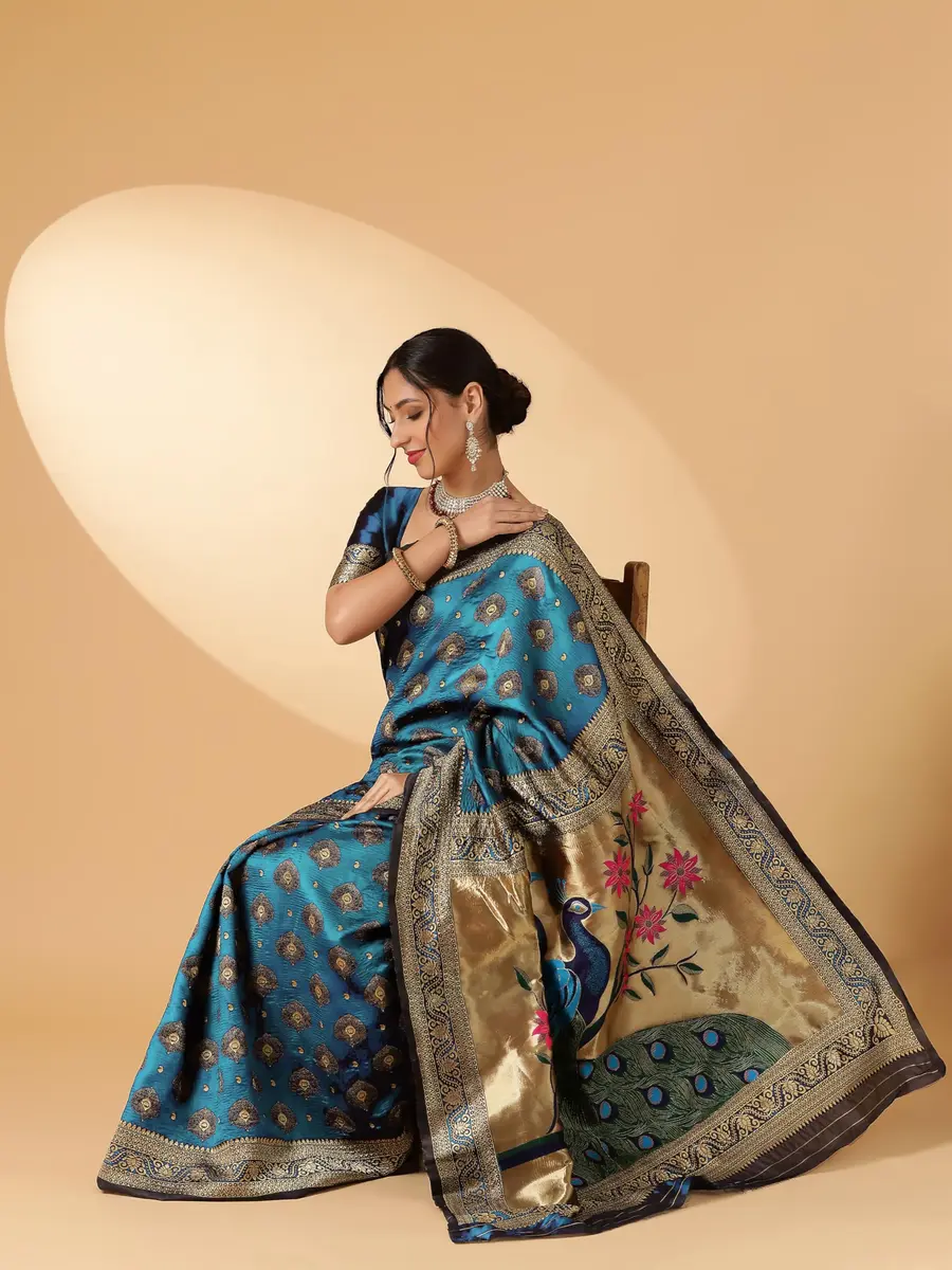 EthnicJunction Paithani Silk Blend Woven Saree With Blouse Piece, Sky Blue, 5.3m (5.8yd) | Authentic Indian Weave - view 5