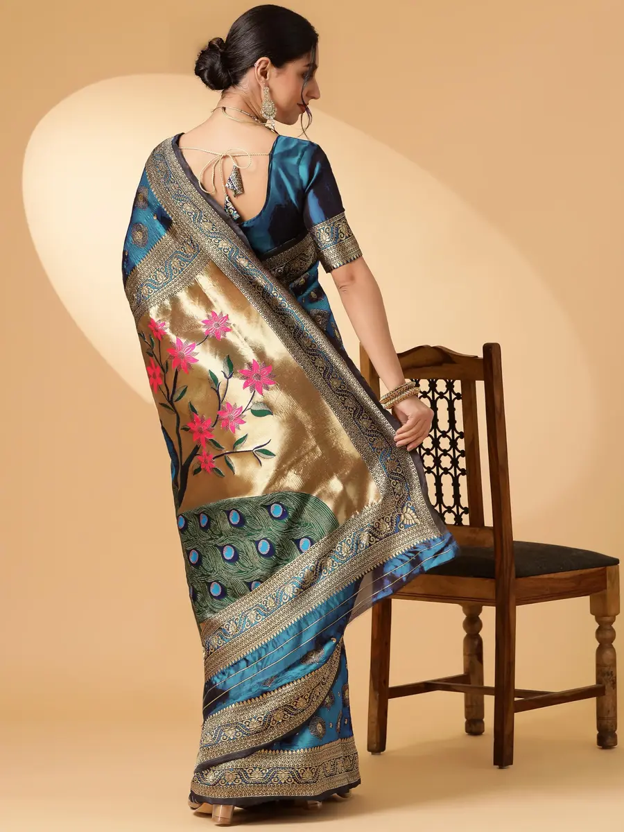EthnicJunction Paithani Silk Blend Woven Saree With Blouse Piece, Sky Blue, 5.3m (5.8yd) | Authentic Indian Weave - view 6