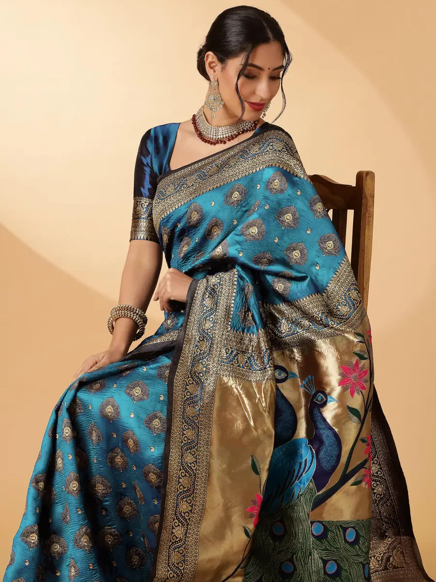 EthnicJunction Paithani Silk Blend Woven Saree With Blouse Piece, Sky Blue, 5.3m (5.8yd) | Authentic Indian Weave - view 2