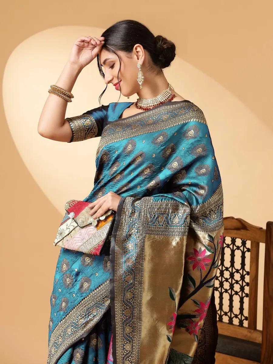 EthnicJunction Paithani Silk Blend Woven Saree With Blouse Piece, Sky Blue, 5.3m (5.8yd) | Authentic Indian Weave - view 3