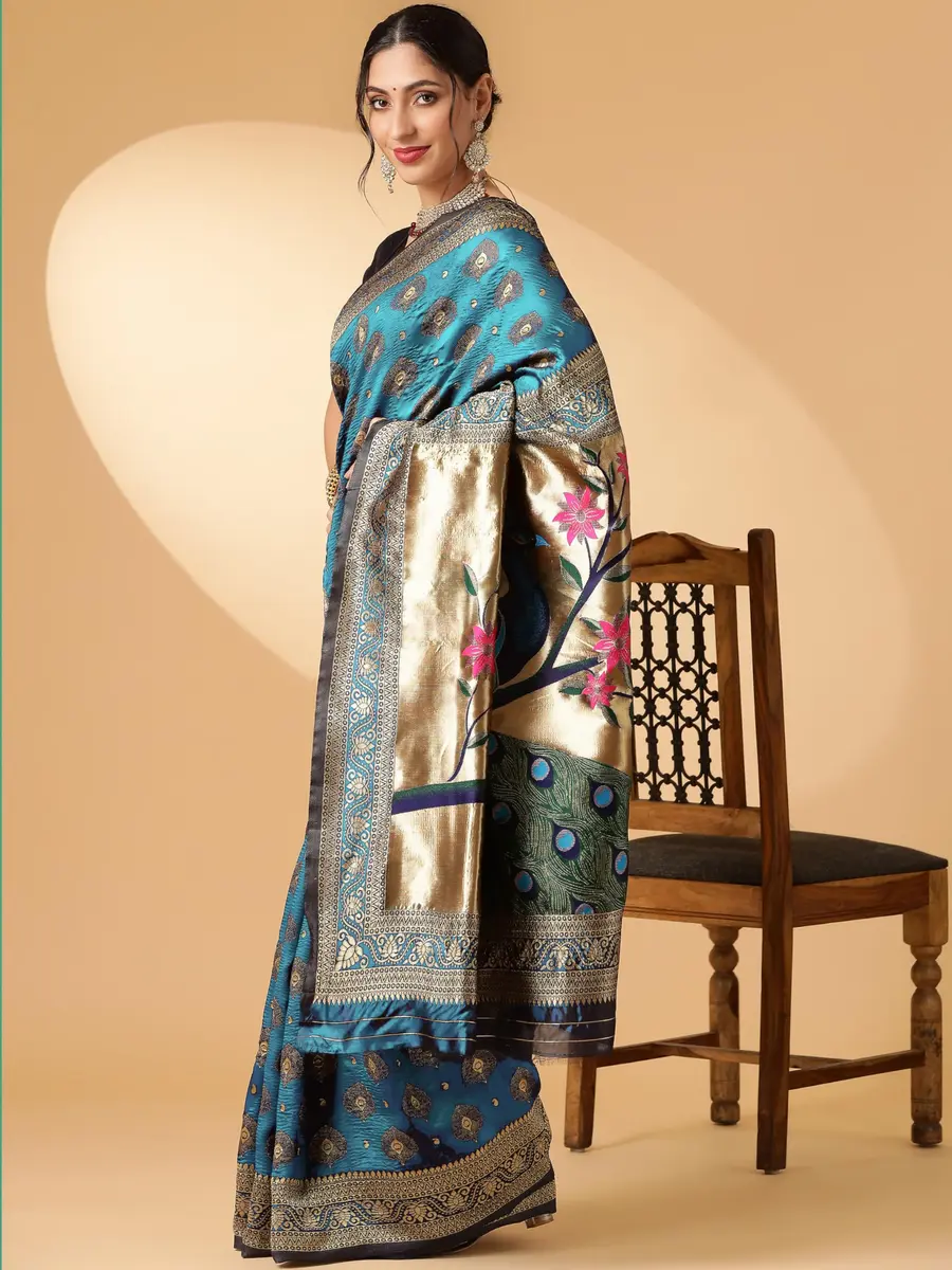 EthnicJunction Paithani Silk Blend Woven Saree With Blouse Piece, Sky Blue, 5.3m (5.8yd) | Authentic Indian Weave - view 4