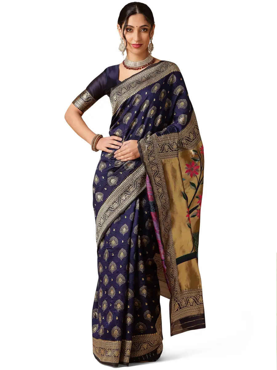 EthnicJunction Women's Paithani Silk Blend Saree With Blouse Piece, Navy Blue, 5.5m (5.3 Meter) | Authentic Indian Weave - main product image