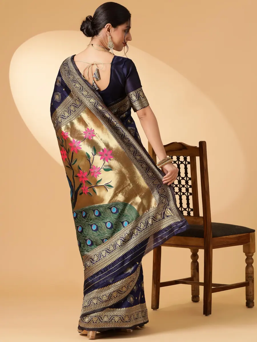 EthnicJunction Women's Paithani Silk Blend Saree With Blouse Piece, Navy Blue, 5.5m (5.3 Meter) | Authentic Indian Weave - view 6
