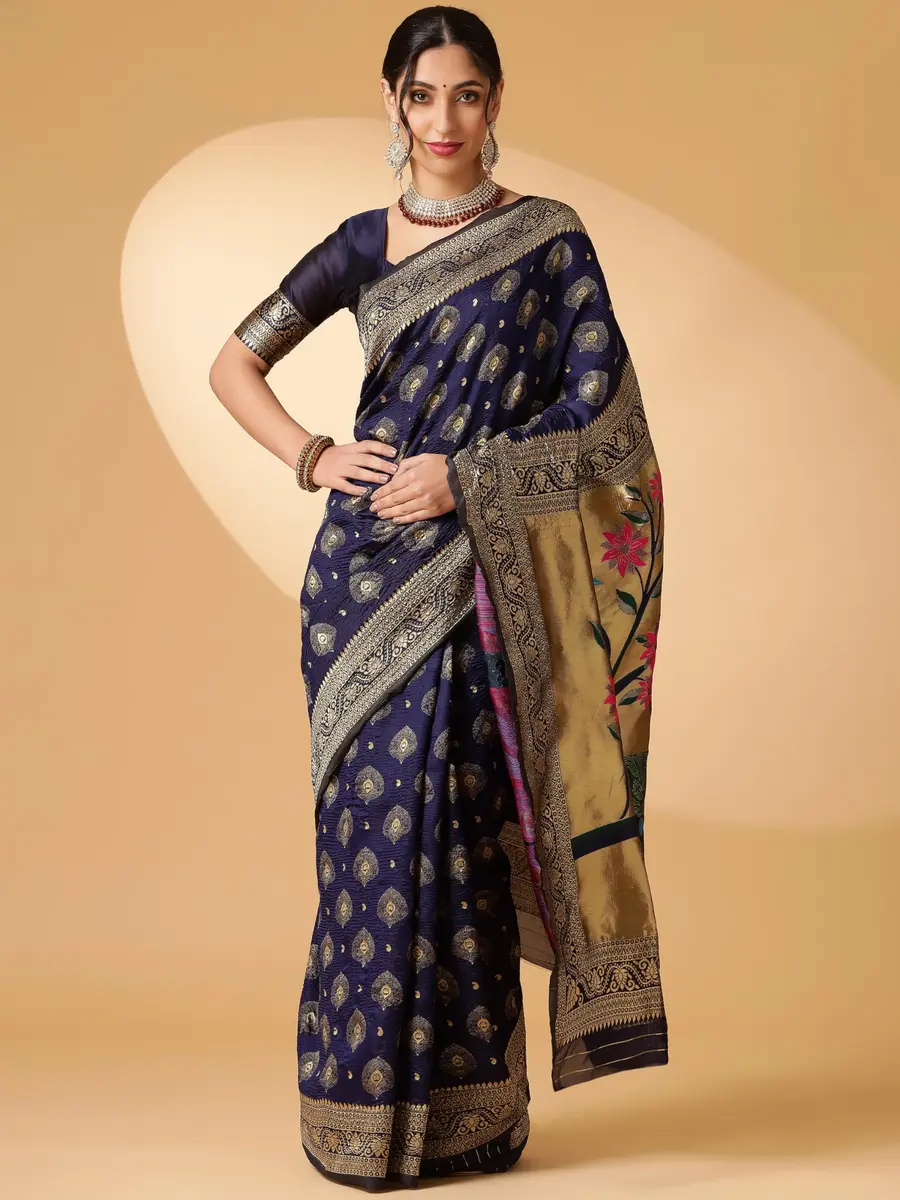 EthnicJunction Women's Paithani Silk Blend Saree With Blouse Piece, Navy Blue, 5.5m (5.3 Meter) | Authentic Indian Weave - view 7