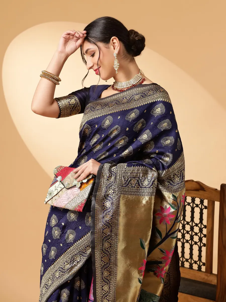 EthnicJunction Women's Paithani Silk Blend Saree With Blouse Piece, Navy Blue, 5.5m (5.3 Meter) | Authentic Indian Weave - view 2