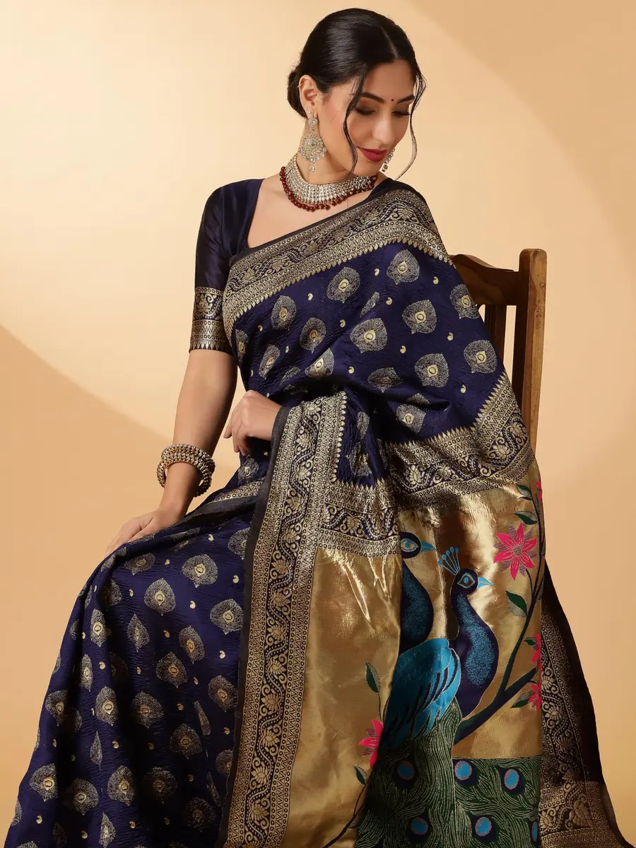 EthnicJunction Women's Paithani Silk Blend Saree With Blouse Piece, Navy Blue, 5.5m (5.3 Meter) | Authentic Indian Weave - view 3