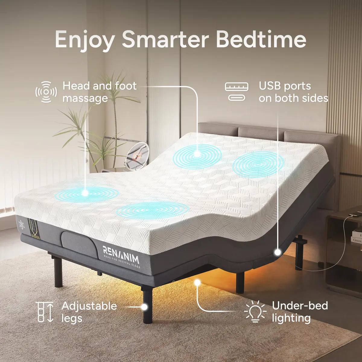 Renanim Twin XL Adjustable Bed Frame & 12" Cooling Gel Memory Foam Mattress | Zero Gravity, Massage, USB Ports - view 5