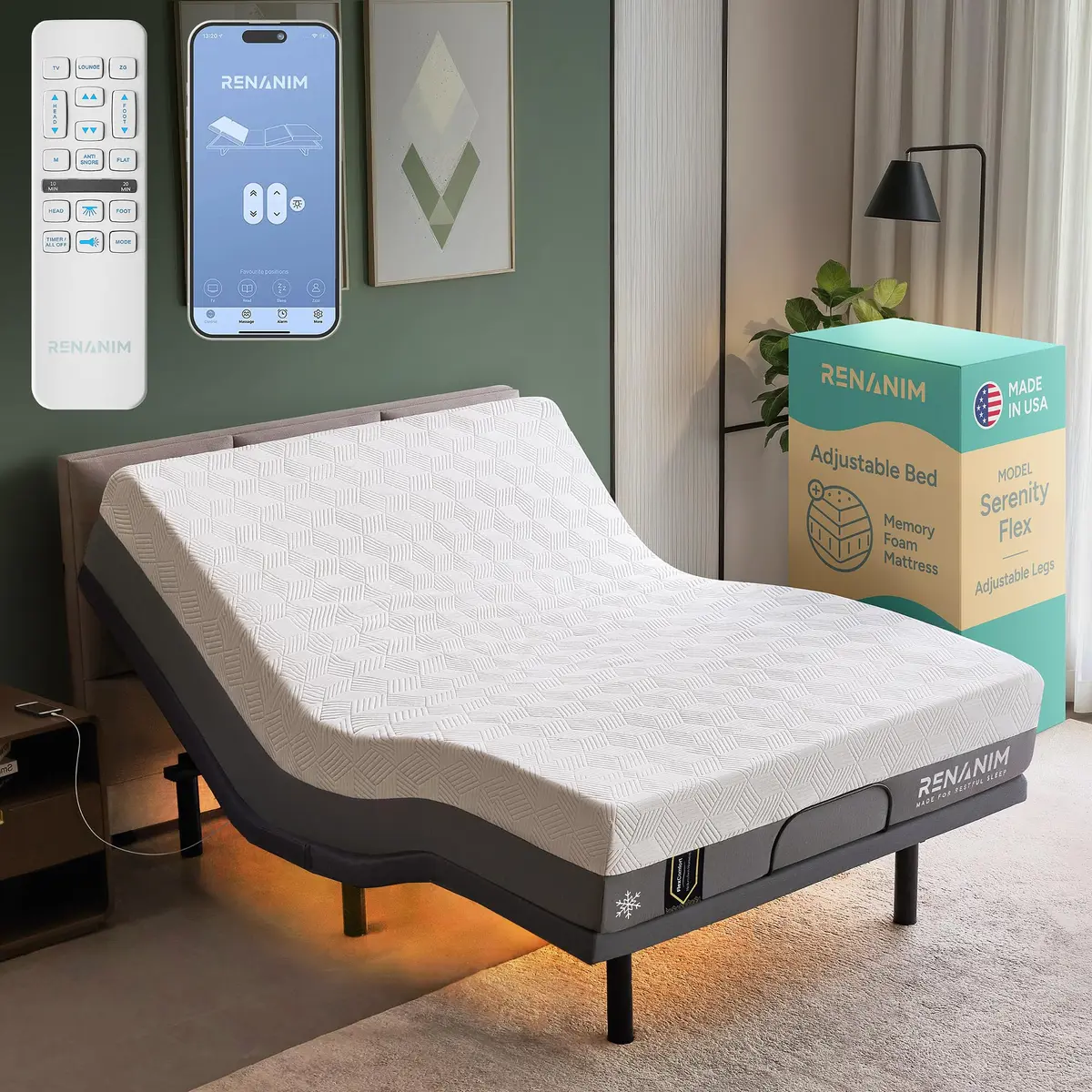 Renanim Queen Adjustable Bed Frame with Mattress | Zero Gravity, Massage & USB Ports - main product image