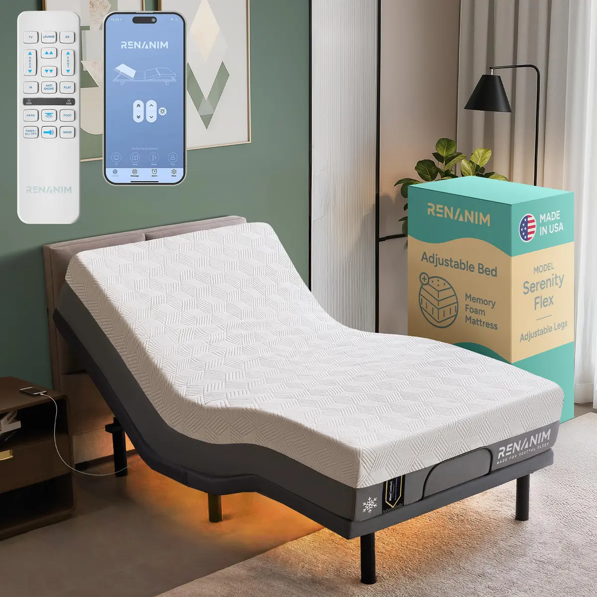 Renanim Twin XL Adjustable Bed Frame & Mattress | 14" Cooling Gel Memory Foam, Zero Gravity, Wireless Remote - main product image