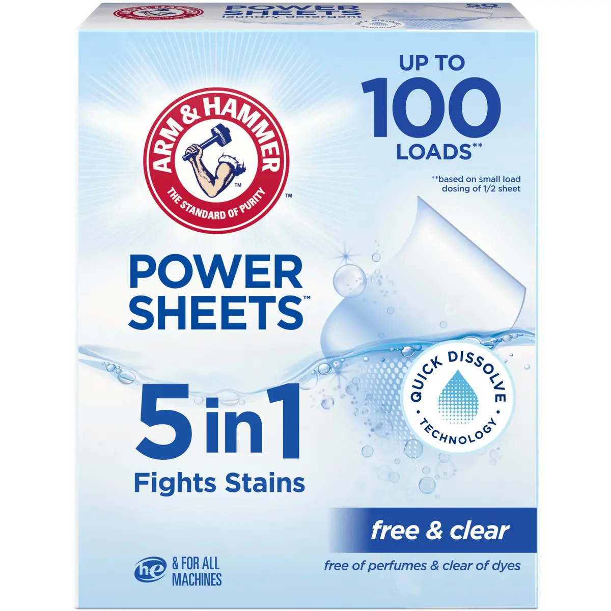 ARM & HAMMER 5in1 Power Sheets Laundry Detergent Free & Clear 50 Count | Dermatologist Tested & Eco-Friendly - main product image