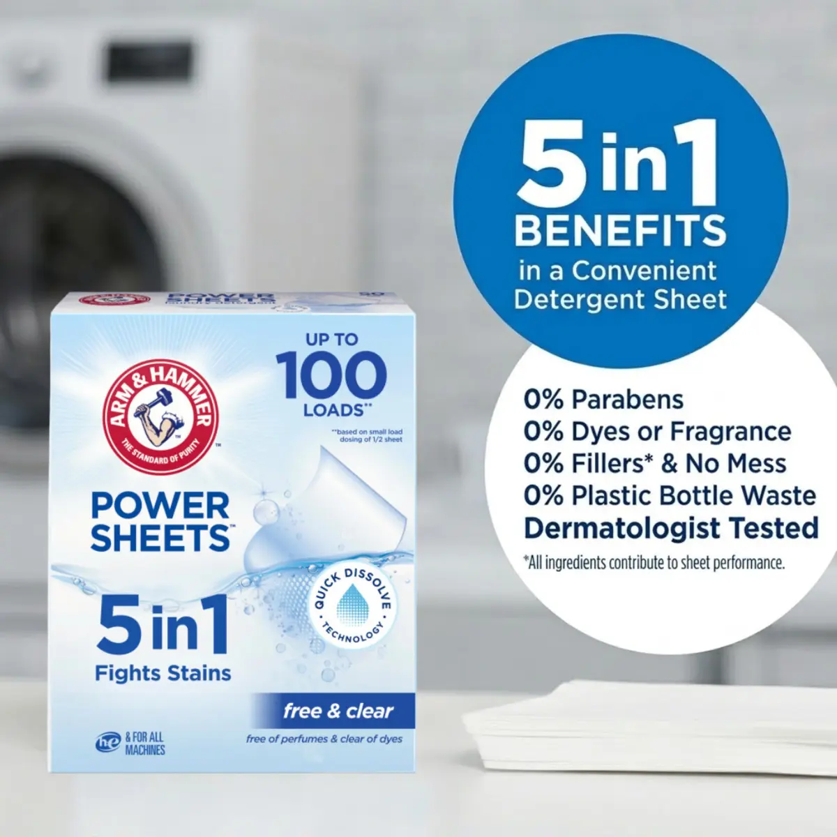 ARM & HAMMER 5in1 Power Sheets Laundry Detergent Free & Clear 50 Count | Dermatologist Tested & Eco-Friendly - view 2