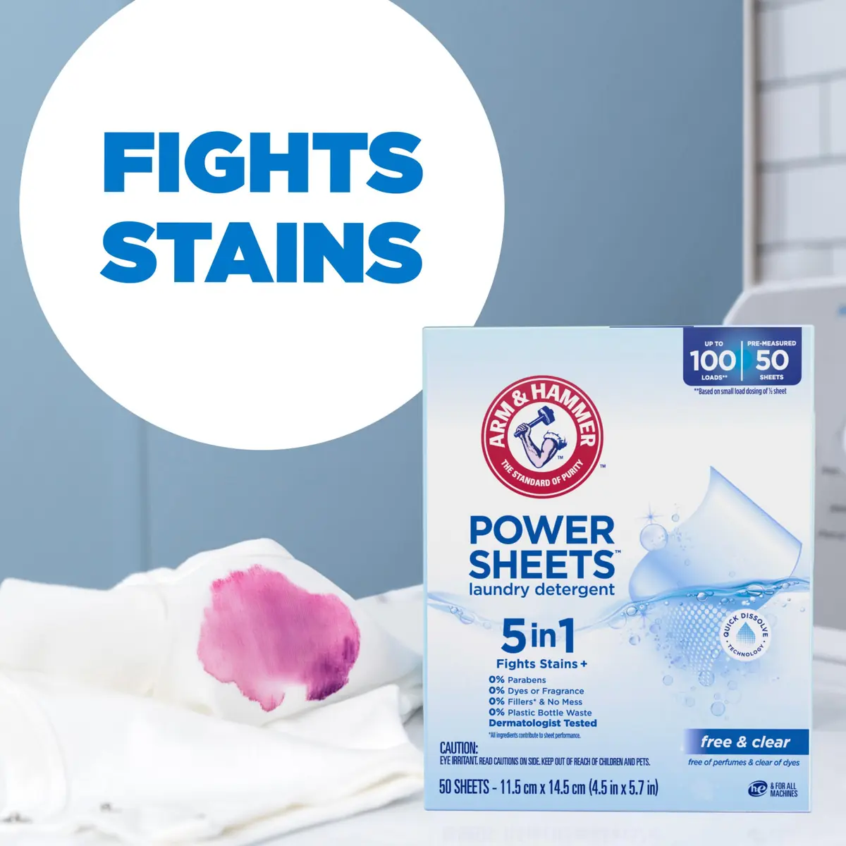 ARM & HAMMER 5in1 Power Sheets Laundry Detergent Free & Clear 50 Count | Dermatologist Tested & Eco-Friendly - view 3