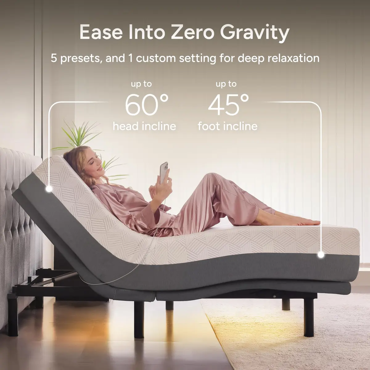 Renanim TwinXL Adjustable Bed Frame with Mattress | 12" Hybrid Memory Foam, Zero Gravity, Massage, USB Ports - view 3