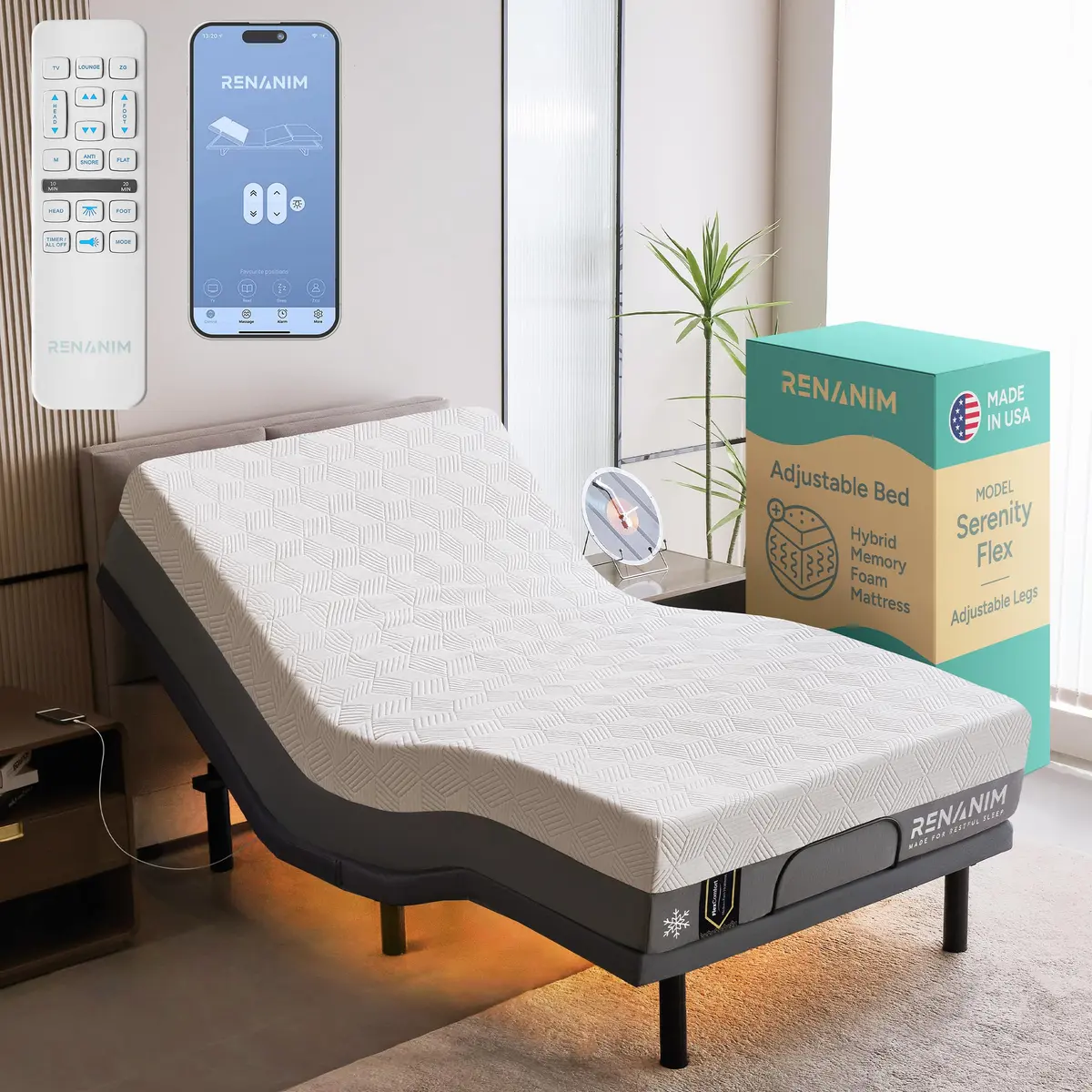 Renanim Twin XL Adjustable Bed Frame with Mattress | 14" Hybrid Memory Foam & Massage - main product image