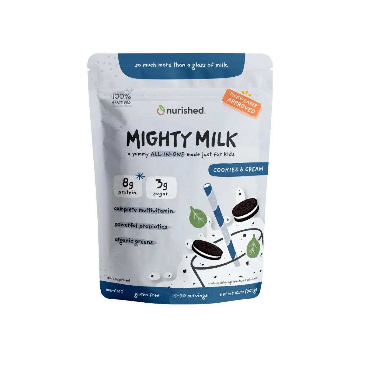 Nurished Cookies & Cream Mighty Milk 10oz | Kids All-in-One Protein & Multivitamin Support - main product image