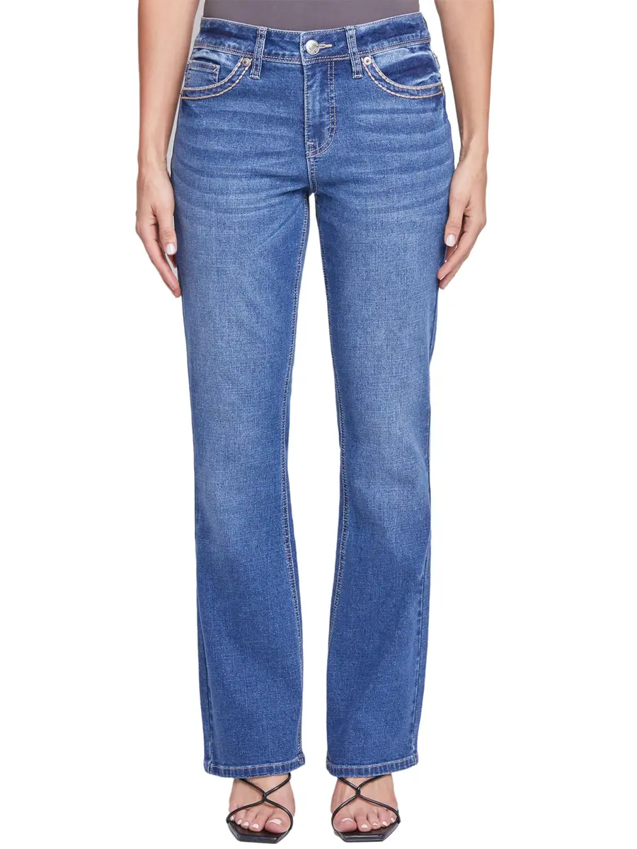 Royalty For Me Women’s Mid-Rise Studded Cross Flap Pocket Boot Cut Jean, Medium Blue Rips, 08 | Stylish Western-Style Denim for Women - main product image