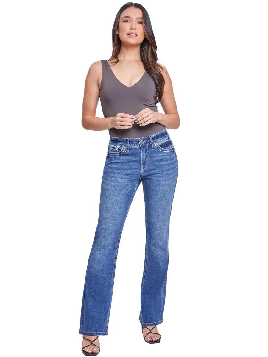 Royalty For Me Women’s Mid-Rise Studded Cross Flap Pocket Boot Cut Jean, Medium Blue Rips, 08 | Stylish Western-Style Denim for Women - view 2