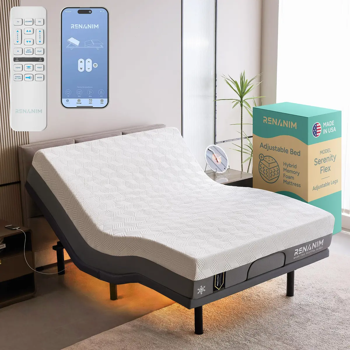 Renanim Full Size Adjustable Bed Frame with 12" Hybrid Mattress | Zero Gravity, Massage & USB Ports - main product image