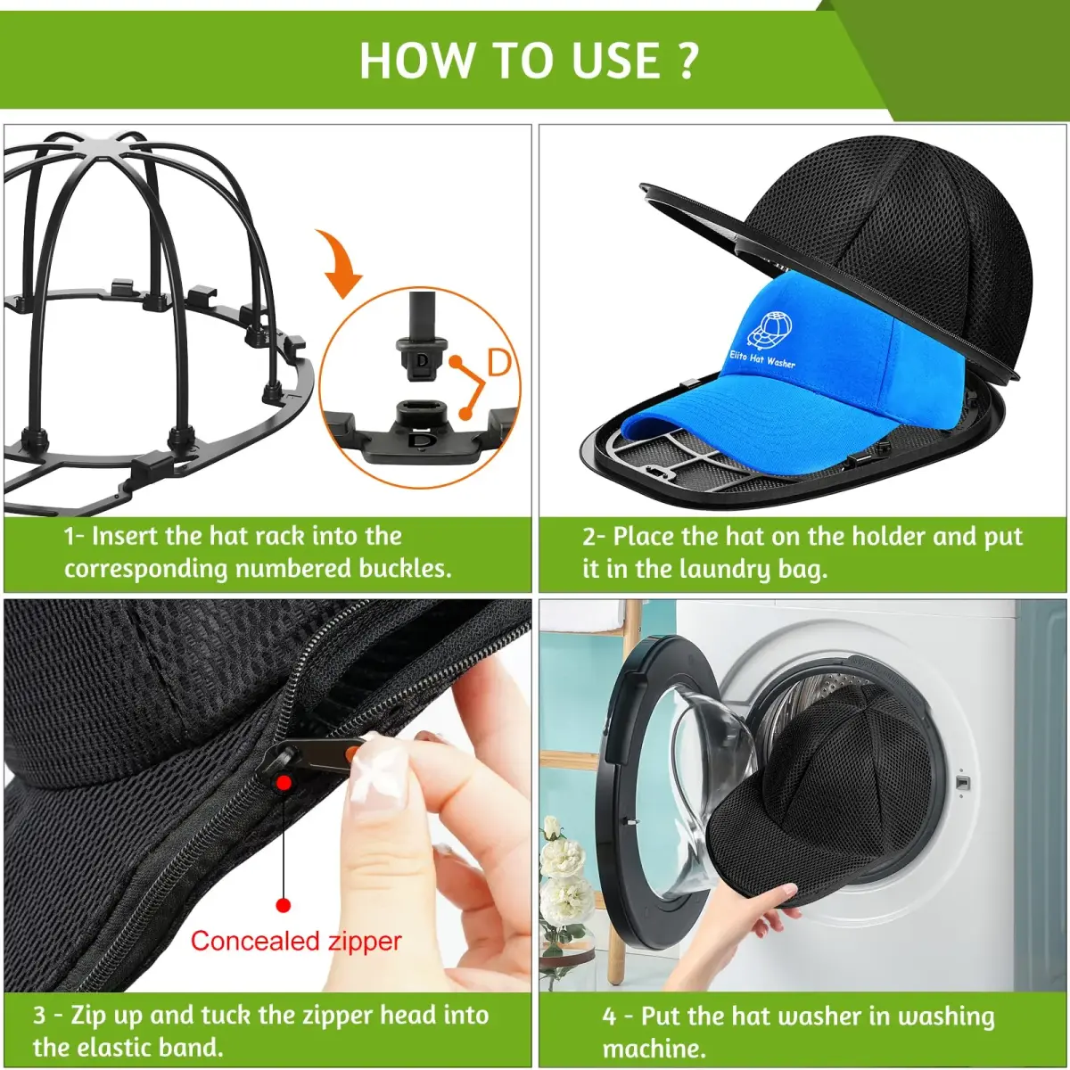 Eiito Black Ball Cap Washer Cage with Mesh Bag & Frame | Keeps Hats in Shape (1 Pack) - view 3