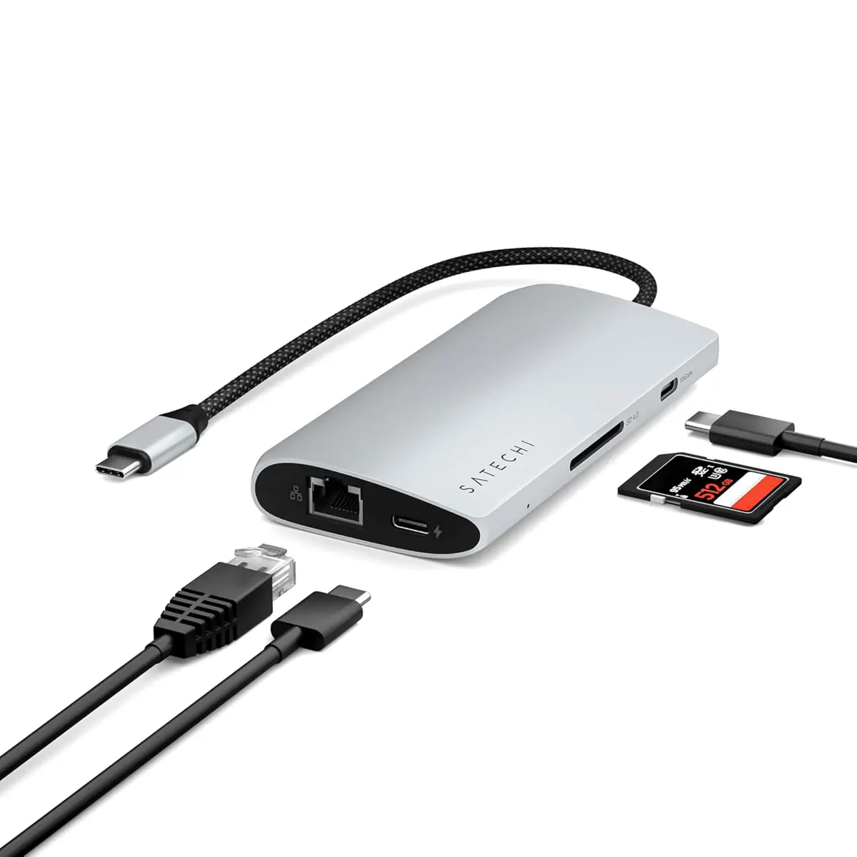 Satechi 8-in-1 USB-C Hub V3, 11.4cm (4.49in) x 5.4cm (2.13in) x 1.6cm (0.63in) | 8K HDMI, 100W PD Charging, 10Gbps Data, Ethernet, SD Card Reader, Silver - main product image