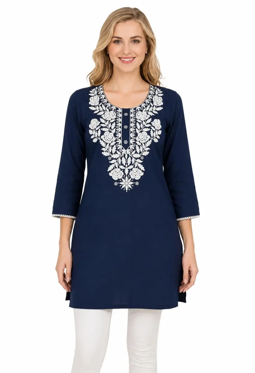 LIBOZA Rayon Chikankari Kurti for Women - Navy Blue XL | Lucknowi Tunic Top with Long Sleeves - main product image