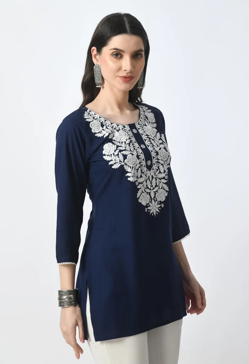 LIBOZA Rayon Chikankari Kurti for Women - Navy Blue XL | Lucknowi Tunic Top with Long Sleeves - view 5