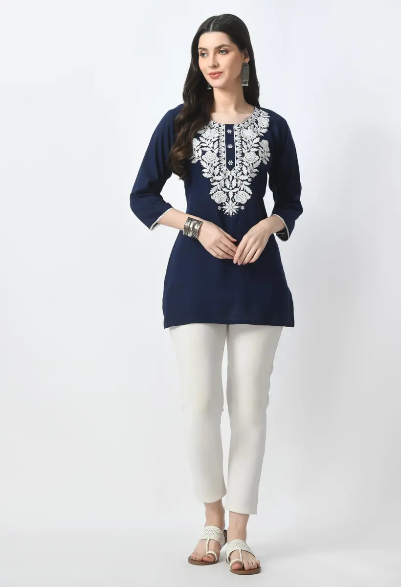 LIBOZA Rayon Chikankari Kurti for Women - Navy Blue XL | Lucknowi Tunic Top with Long Sleeves - view 6