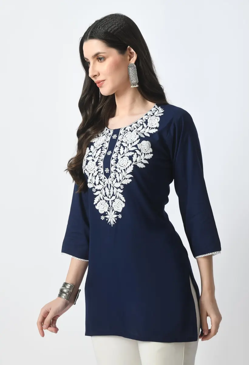 LIBOZA Rayon Chikankari Kurti for Women - Navy Blue XL | Lucknowi Tunic Top with Long Sleeves - view 7