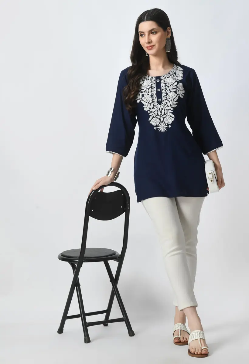 LIBOZA Rayon Chikankari Kurti for Women - Navy Blue XL | Lucknowi Tunic Top with Long Sleeves - view 2